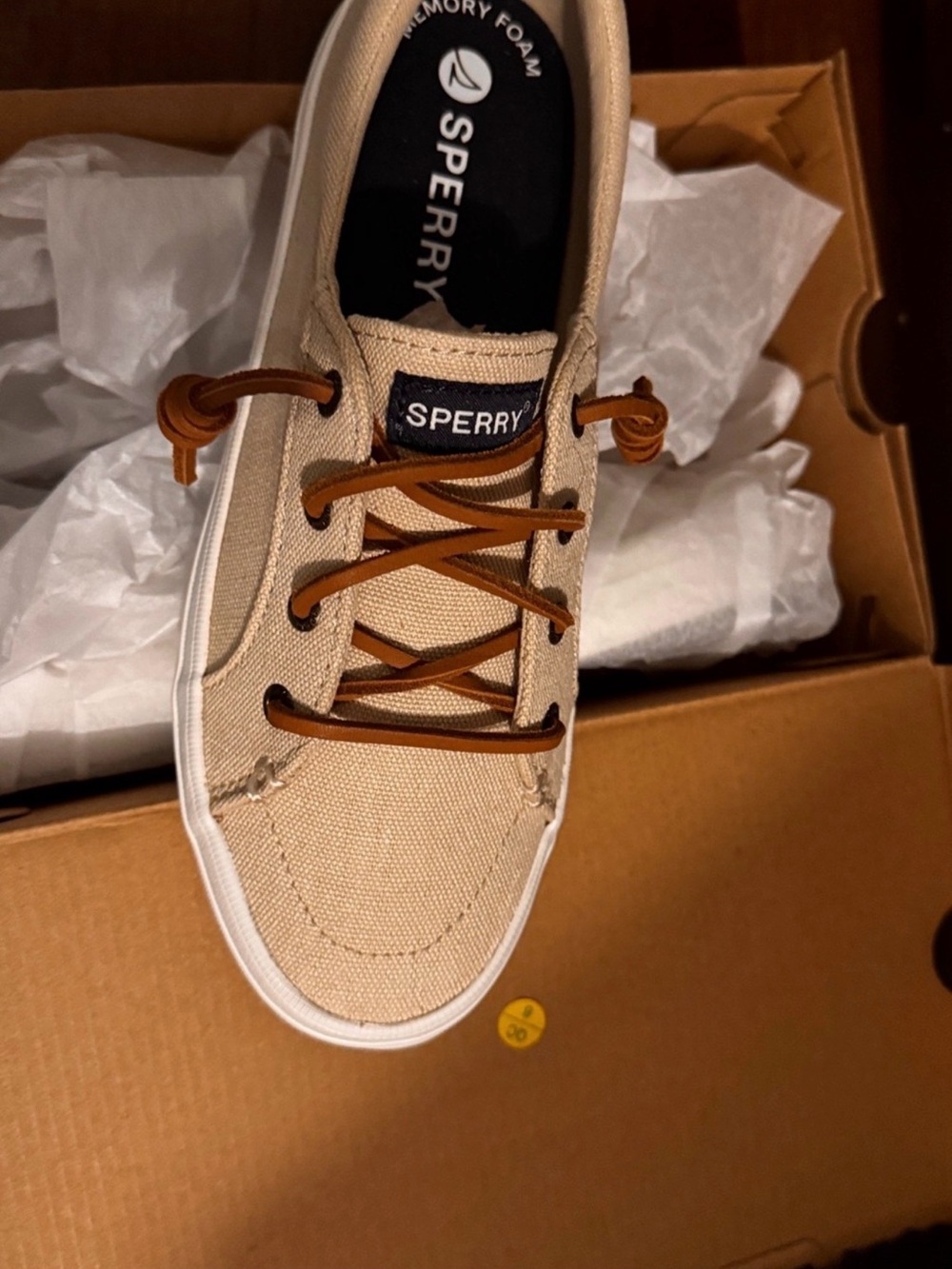 Sperry Beige Canvas Boat Shoe with Brown Laces